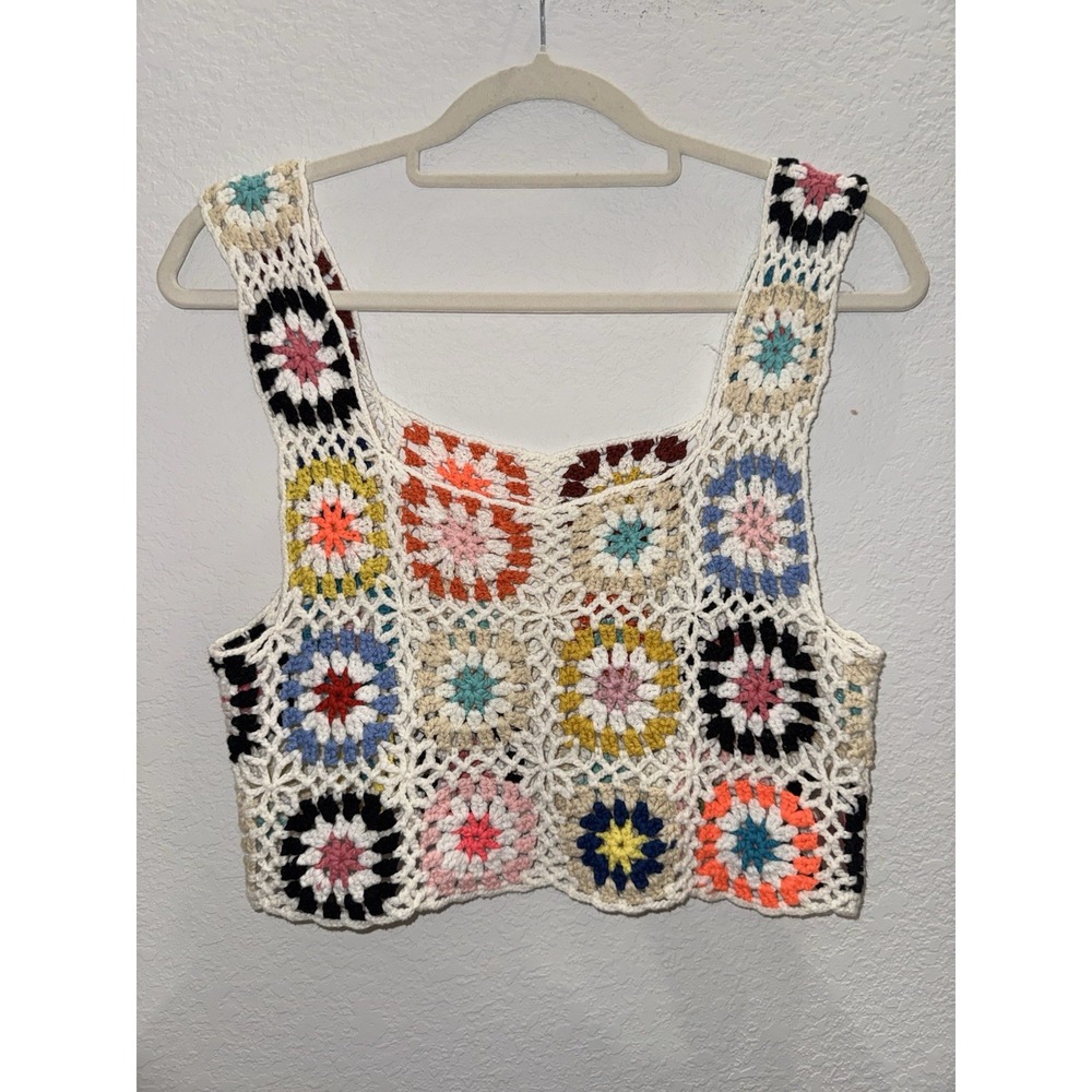 Women Sz S Multicolor Granny Square Crochet Knit Tank Top Coastal 90s Boho Cute